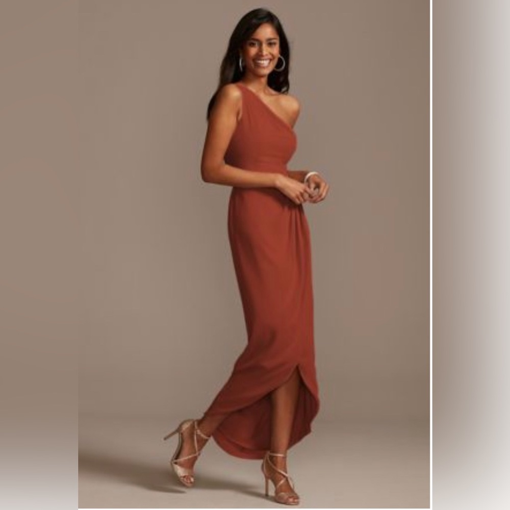 David’s Bridal One Shoulder Chiffon Tulip Hem Bridesmaid Dress size 22 Cinnamon